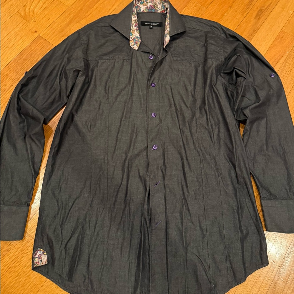 Bogosee dress shirts medium Men's Black Dress Shirt with Patterned Collar